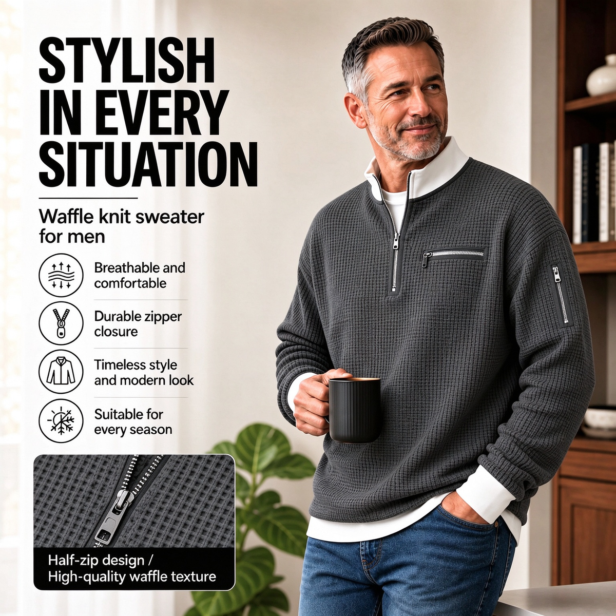 Men's Waffle Knit Quarter Zip Pullover | Relaxed Fit Long Sleeve Casual Sweatshirt with Chest & Sleeve Zipper Pockets