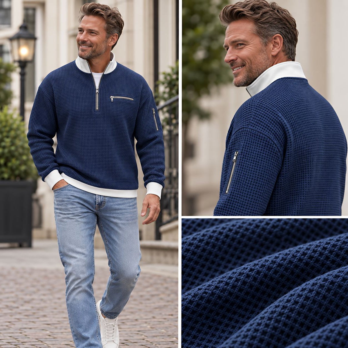 Men's Waffle Knit Quarter Zip Pullover | Relaxed Fit Long Sleeve Casual Sweatshirt with Chest & Sleeve Zipper Pockets