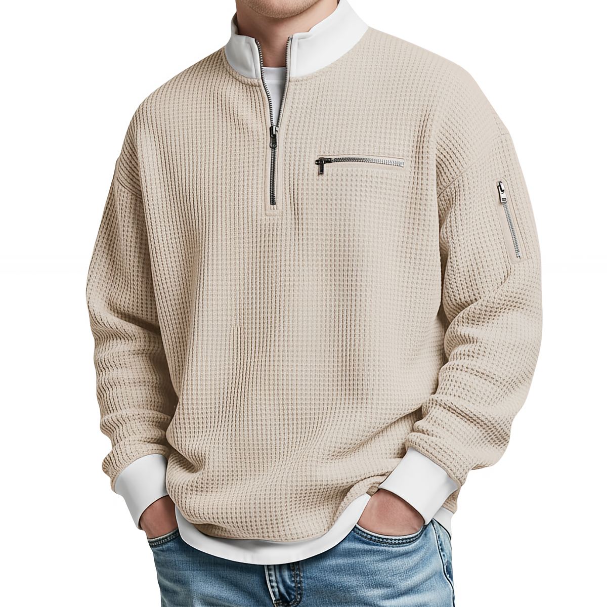 Men's Waffle Knit Quarter Zip Pullover | Relaxed Fit Long Sleeve Casual Sweatshirt with Chest & Sleeve Zipper Pockets