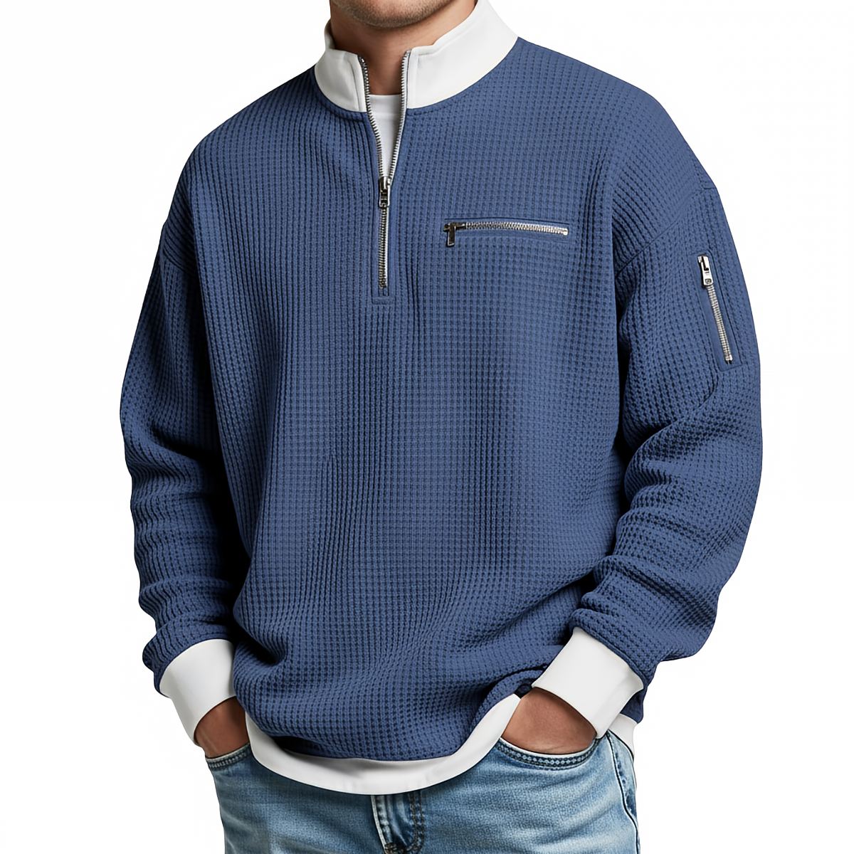 Men's Waffle Knit Quarter Zip Pullover | Relaxed Fit Long Sleeve Casual Sweatshirt with Chest & Sleeve Zipper Pockets