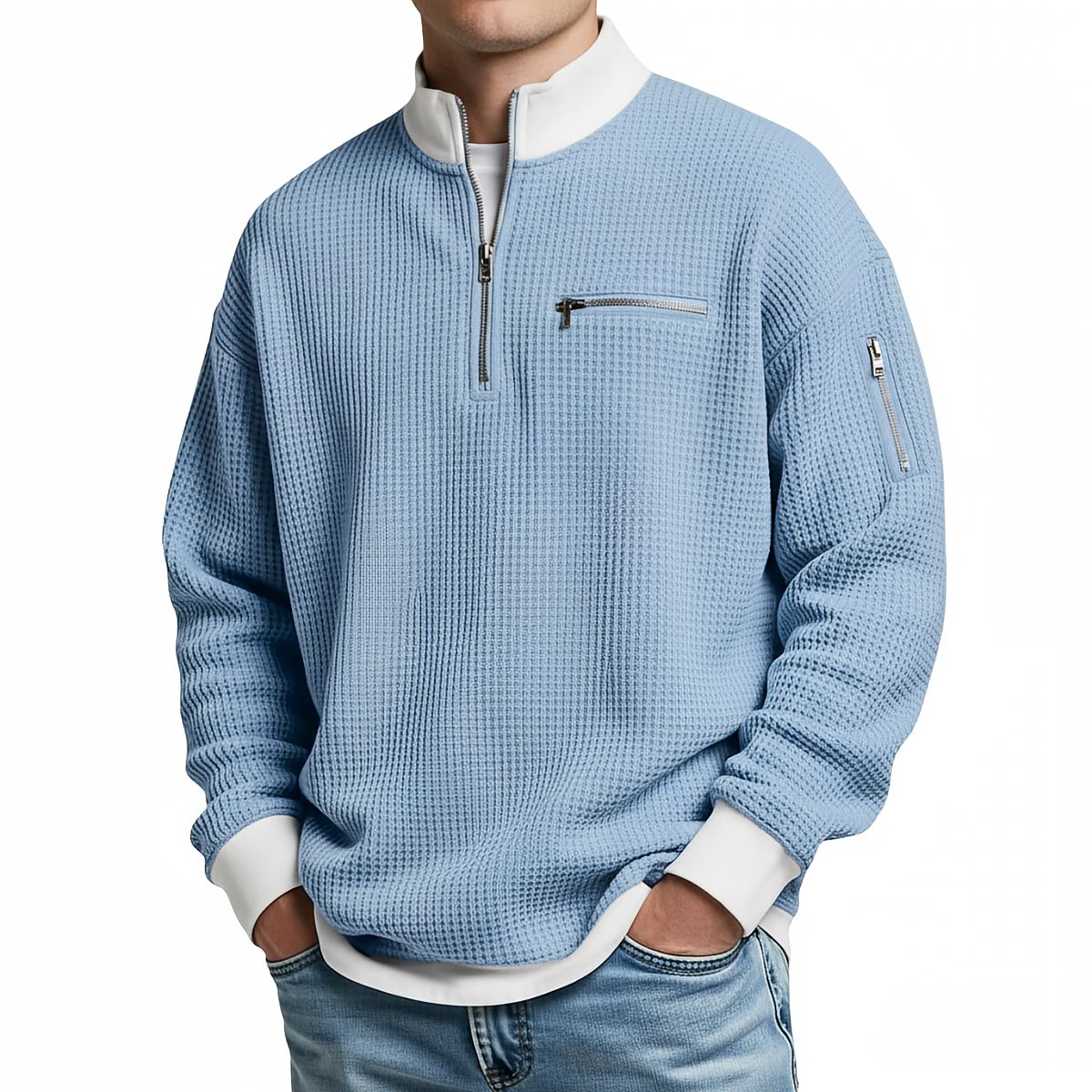 Men's Waffle Knit Quarter Zip Pullover | Relaxed Fit Long Sleeve Casual Sweatshirt with Chest & Sleeve Zipper Pockets