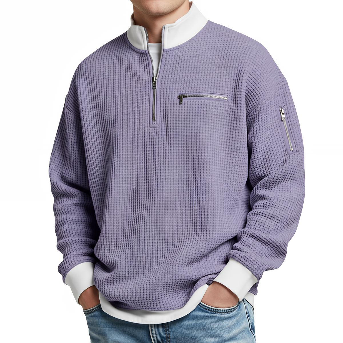 Men's Waffle Knit Quarter Zip Pullover | Relaxed Fit Long Sleeve Casual Sweatshirt with Chest & Sleeve Zipper Pockets